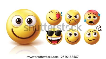 Emoji smiling face emoticon vector set.  Emojis character in cute smile, happy and friendly face with yellow emoticons like craving, angry, sick, cool, smile and thinking facial expression icon 