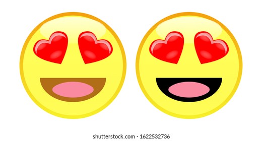 Emoji Smiling Face With Heart-Eyes. A yellow face with an open smile, sometimes showing teeth, and red, cartoon-styled hearts for eyes. Often conveys enthusiastic feelings of love, infatuation.