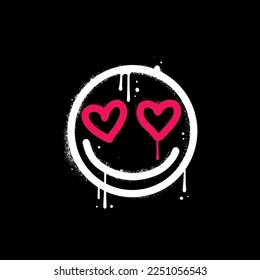 Emoji smiling face wiwh heart shaped eyes. Urban typography street art print with spray effect and smile icon for graphic tee t shirt or sweatshirt. Hand drawn Textured Vector