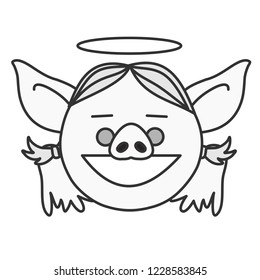 emoji smiling female angel or cupid pig woman with halo above its head & wings on its back & a wide smile, simple hand drawn emoticon, simplistic colorful picture