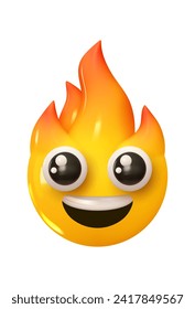 Emoji Smiling fire flames with big eyes. Emotion 3d cartoon icon. Yellow round emoticon. Vector illustration