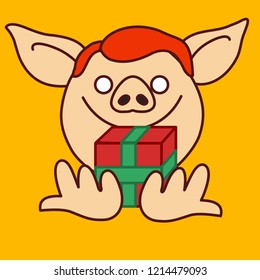 emoji with smiling ginger pig man handing you over a wrapped gift box, simple hand drawn emoticon, simplistic colorful picture, vector art with pig-like characters