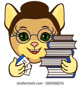 emoji with smiling librarian cat that is wearing glasses while working with books and member cards, simple colored emoticon, vector illustration