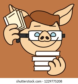 emoji with smiling librarian pig man with parted blond sleek haircut that is wearing glasses while working with books and member cards, simple hand drawn emoticon, simplistic colorful picture
