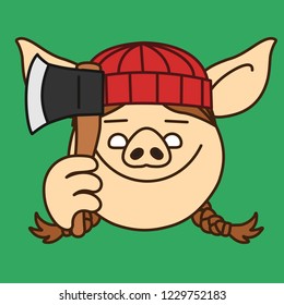emoji with smiling lumberjack pig woman, female wood chopper or forest logger with heavy beard that is wearing a knitted hat and holding an ax, axe or hatchet, simple hand drawn emoticon