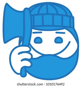 emoji with smiling lumberjack, wood chopper or forest logger with heavy beard wearing a knitted hat and holding an ax, axe or hatchet, simple hand drawn emoticon, ball or circle shaped face, eps 10