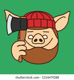 emoji with smiling lumberjack, wood chopper or forest logger pig with heavy beard that is wearing a knitted hat and holding an ax, axe or hatchet, vector emoji drawn by hand in color