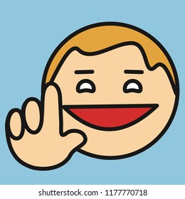 emoji with smiling man pointing his finger up to show "wait a minute" gesture, waiter with raised finger & palm asking a client to stand by & saying he is going to be right back, primitive vector art