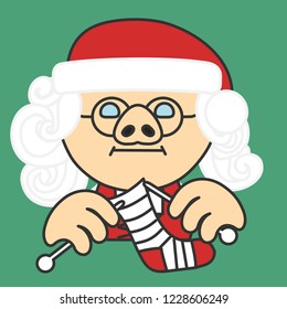 emoji with smiling mrs Claus pig wearing a winter christmas hat while knitting a red sock, simple hand drawn emoticon, simplistic colorful picture, vector art with pig-like characters