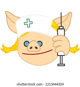 Emoji With Smiling Nurse Pig That Is Holding A Syringe & Wearing A Retro Medical Bonnet With Cross Symbol Or Sign, Simple Hand Drawn Emoticon, Simplistic Colorful Picture, Eps 10 Vector Clip Art