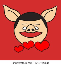 emoji with smiling pig character showing his love with heart shaped flowers on a date, simple hand drawn emoticon, simplistic colorful picture, vector art with pig-like characters