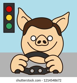 emoji with smiling pig driver that is holding a car steering wheel and looking at traffic light, simple hand drawn emoticon, simplistic colorful picture, vector art with pig-like characters
