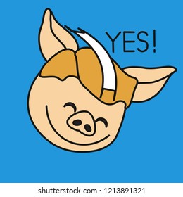 emoji with smiling pig guy that is saying yes and nodding, simple hand drawn emoticon, simplistic colorful picture, vector art with pig-like characters