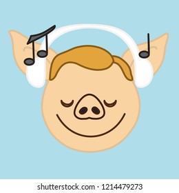 emoji with smiling pig man listening to the music while wearing white headphones which is indicated by music notes flying around, simple hand drawn emoticon, simplistic colorful picture