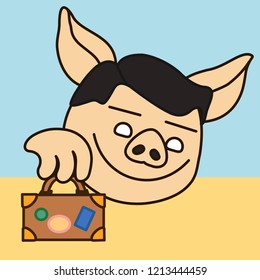 emoji with smiling pig man that is picking a bag, happy passanger with luggage just finished registration and went through customs, simple hand drawn emoticon, simplistic colorful picture