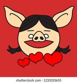 emoji with smiling pig woman character with pigtails who is showing her love with heart shaped symbols on a date, simple hand drawn emoticon, simplistic colorful picture, eps 10 vector clip art