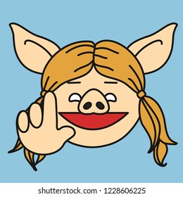 emoji with smiling pig woman pointing her finger up to show "wait a minute" gesture, female waiter with raised finger & palm asking a client to stand by & saying she is going to be right back