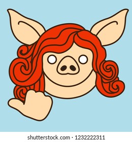 emoji with smiling redhead pig woman character that is pointing left with her right hand's thumb, simplistic colorful picture, simple handdrawn illustration, vector art with pig-like characters