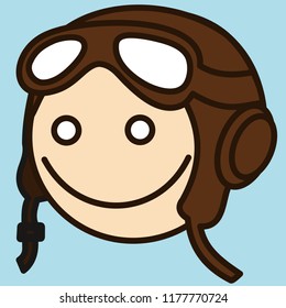 emoji with smiling retro airplane pilot in a vintage brown leather flying helmet with headphones and glasses or aviator goggles, simple colored emoticon, simplistic colorful pictogram