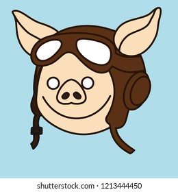 emoji with smiling retro airplane pilot pig in a vintage brown leather flying helmet with headphones and glasses or aviator goggles, simple hand drawn emoticon, simplistic colorful picture