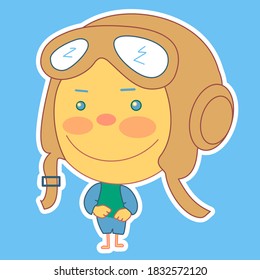 emoji with smiling retro airplane pilot in a vintage flying helmet with headphones and glasses or aviator goggles, simple hand drawn emoticon, vector illustration