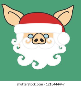 emoji with smiling santa claus pig wearing a winter christmas hat and a fake beard, simple hand drawn emoticon, simplistic colorful picture, vector art with pig-like characters