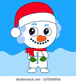 emoji with smiling snowman with orange nose made out of colored snow balls that is wearing a winter scarf and a red Santa's christmas hat with pompom, simplistic colorful emoticon