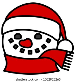 emoji with smiling snowman with red nose made out of colored snow balls that is wearing a winter scarf and a Santa's christmas hat with pompom, simple hand drawn emoticon, simplistic facial expression