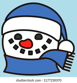 emoji with smiling snowman with red nose made out of colored snow balls that is wearing a winter scarf and a blue Santa's christmas hat with pompom, simplistic colorful pictogram, primitive vector art