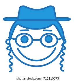 emoji with smiling stereotypical religious orthodox hebrew jew wearing paces, glasses and a hat, simple hand drawn emoticon, simplistic facial expression, eps 10