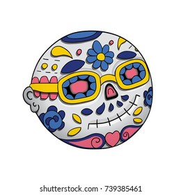 Emoji Smiling With Sunglasses. Dia de Los Muertos. Halloween. Vector Illustration With Festive Skull, Flowers Decoration