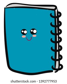Emoji of a smiling wire-bound blue notebook turned to its left has a closed smile turning up to the cheek  vector  color drawing or illustration