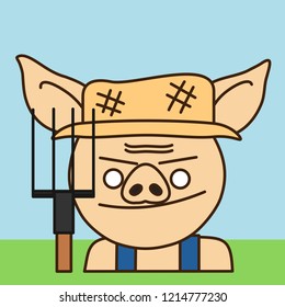 emoji with smirking pig farmer that is wearing overalls, old worn patched straw hat and holding hayfork or pitchfork, vector emoji drawn by hand in color, simplistic colorful picture
