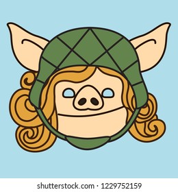 emoji with smirking soldier pig woman wearing a green war camouflage helm or helmet, simple hand drawn emoticon, simplistic colorful picture, vector art with pig-like characters
