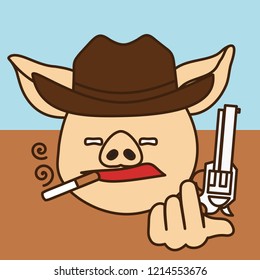 Emoji With Smoking Cowboy Pig Tipping His Hat With A Gun, Wild West Gunman With A Cigarette Narrowing His Lids And Holding A Revolver, Simple Hand Drawn Emoticon, Simplistic Colorful Picture