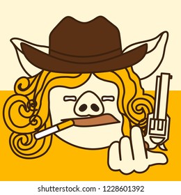 Emoji With Smoking Cowgirl Pig Woman Tipping Her Hat With A Gun, Female Cowboy Wild West Gunman With A Cigarette Narrowing Her Lids And Holding A Revolver, Simple Hand Drawn Emoticon