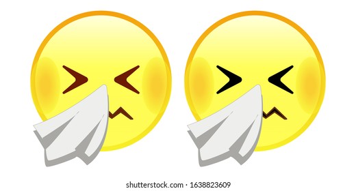 Emoji Sneezing Face. A yellow face with scrunched, X-shaped eyes sneezing or blowing its nose into a white tissue, as if from a cold or allergies. Often depicted with a crumpled-looking mouth.