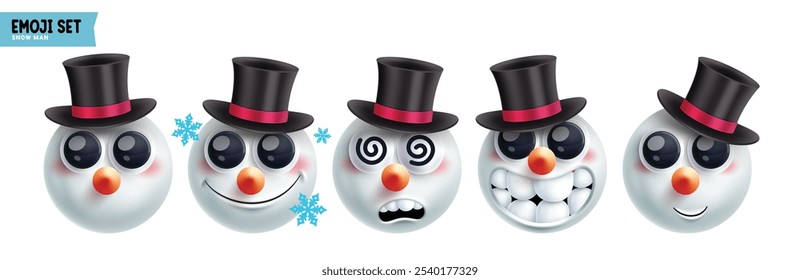 Emoji snowman christmas emoticon characters vector set. Emojis xmas character in happy, funny, naughty, smiling, dizzy, inspired and cute face round ice 3d elements collection. Vector illustration