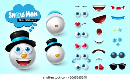 Emoji snowman creator vector set. Snow man emoticon xmas 3d kit with editable facial reaction of cute, friendly and happy for christmas character expression collection design. Vector illustration.
