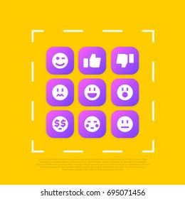 Emoji or Social Reactions App icon set clipart. Contains wink, like, dislike or unlike, laugh, omg, dollar eyes, flushed or embarrassed, neutral, sad. Compatible as PNG, JPG, AI, CDR, SVG, EPS, PDF.