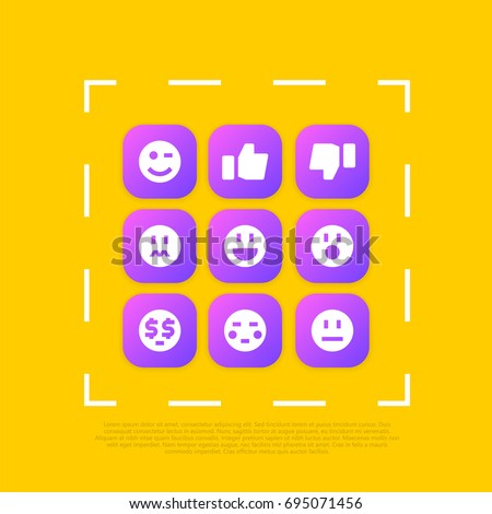 Emoji or Social Reactions App icon set clipart. Contains wink, like, dislike or unlike, laugh, omg, dollar eyes, flushed or embarrassed, neutral, sad. Compatible as PNG, JPG, AI, CDR, SVG, EPS, PDF.