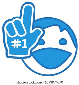 emoji with sports fan with oversized number 1 foam hand with raised index finger cheering his favorite team at the game to show his support to players at the field, ball or circle shaped face