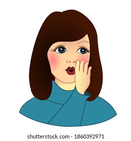 emoji spreading rumors by whispering to someone's ear, funny cartoon character with simplistic facial expression, hand drawn woman emoticon, vector illustration