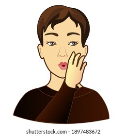 emoji spreading rumors by whispering to someone's ear, funny cartoon character with simplistic facial expression, hand drawn man emoticon, vector illustration
