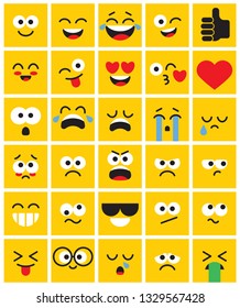 Emoji square pack. Set of funny classic emojis. Flat style. Vector illustration