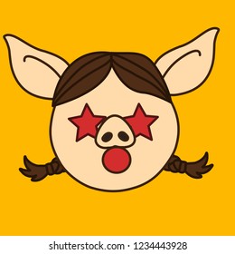 emoji with starstruck pig woman with pigtails & stars instead of eyes who fell in love, dizzy or excited emotion, stunned or shocked facial expression with open mouth, simple hand drawn emoticon