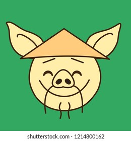 emoji with stereotypical chinese pig man that is wearing an asian conical straw hat, simple hand drawn emoticon, simplistic colorful picture, vector art with pig-like characters