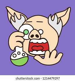 emoji with stereotypical old & bald mad scientist pig or science freak mixing chemicals in a flask with freaked out expression on his face & a popped eye while doing an experiment