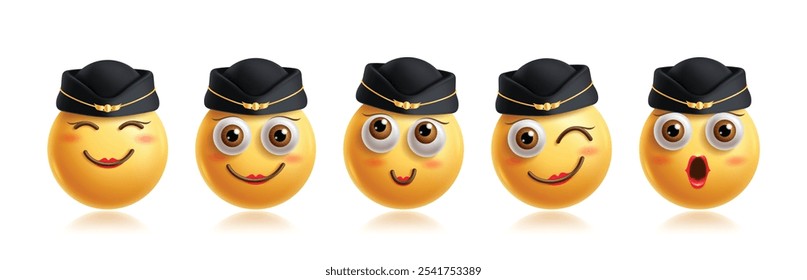 Conjunto de Vectores de personajes de emoticonos de administrador de emojis. Emojis 3d flight attendant character profession en feliz, amistoso, travieso, tonto, impactado y sonriente expresión facial emoticonos mujer Elementos 