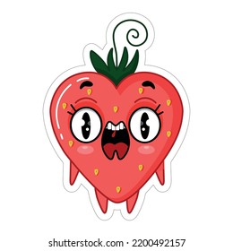 Emoji sticker red angry strawberry screaming loudly. Vector cute illustration.